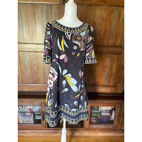 BCBGMaxazria Size Small Dress 1970's Retro Style Black with Multi Colors - Picture 1 of 5